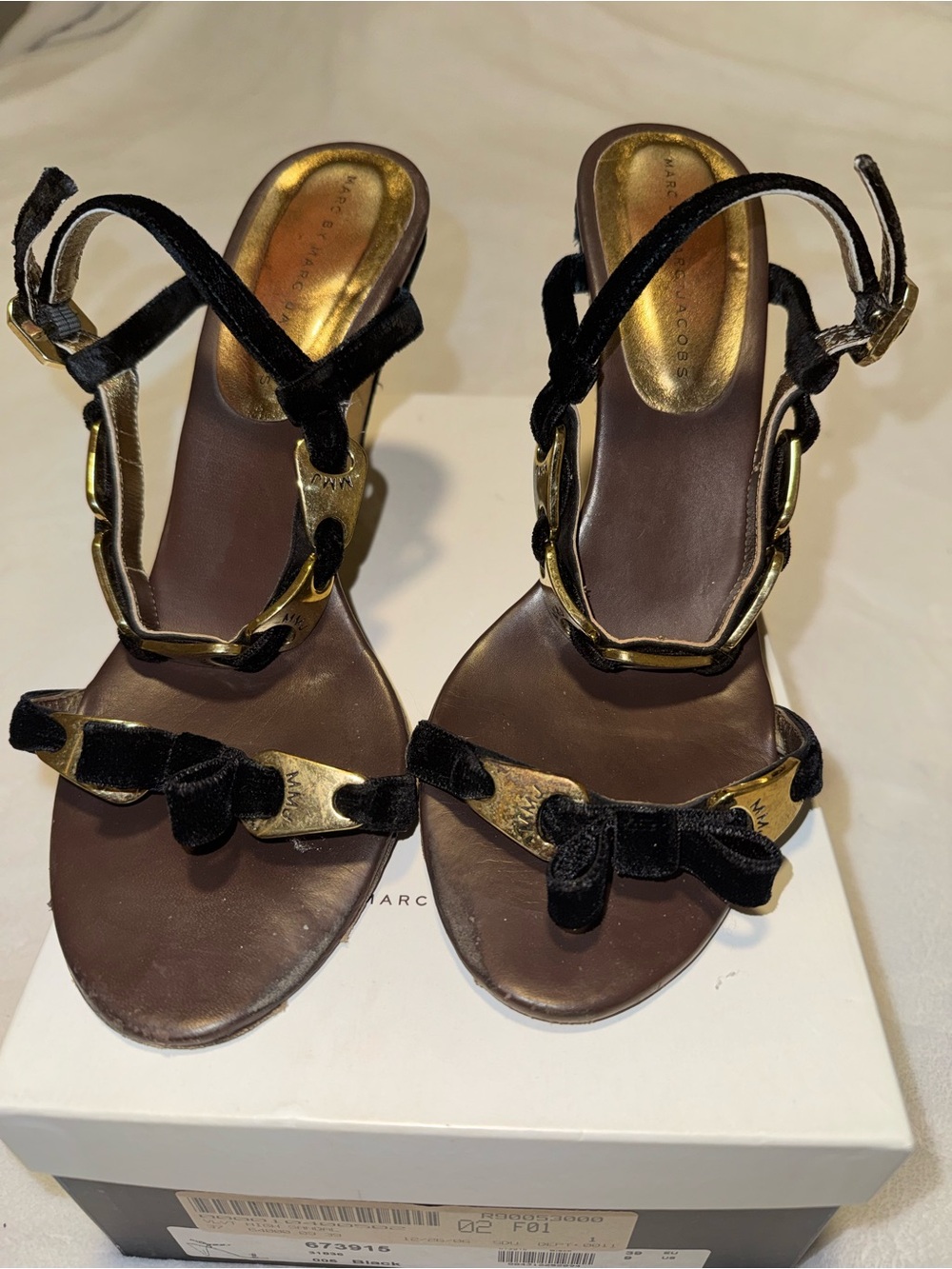 Marc Jacobs Black Velvet & Gold Chain Accent Heeled Sandals
